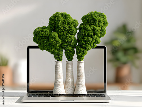 Eco friendly business concept with green plants and laptop sustainability technology