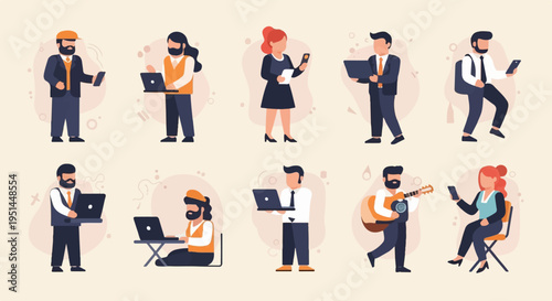 Diverse people using technology, playing music, and working on laptops