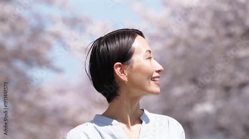満開の桜と女性　桜吹雪　スローモーション