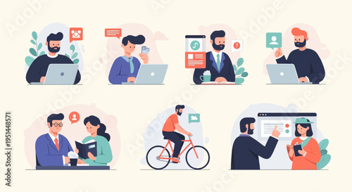 Diverse professionals collaborate and engage in various work-related activities