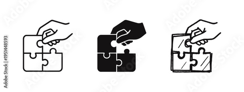 Hand solving puzzle icon set. Teamwork and solution symbols representing problem-solving and completion.