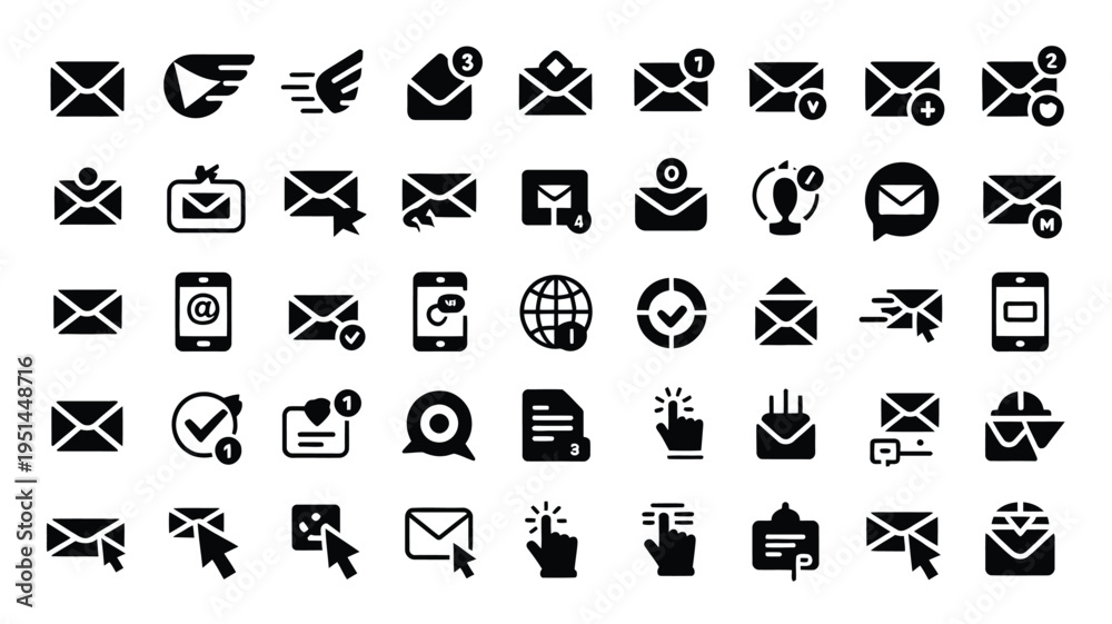 Fototapeta premium Email icons set with various symbols for communication and messaging on white background
