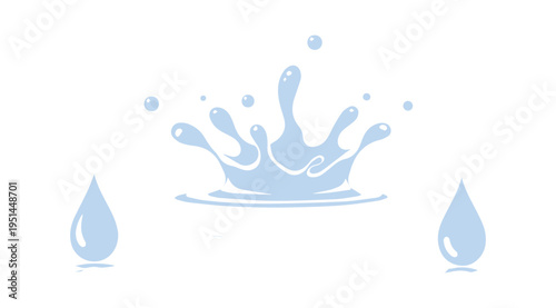 Dynamic light blue water splash and teardrops on white for refreshing liquid graphic element design