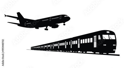 A contrasting depiction of an airplane in flight and a train on tracks rendered as a stark silhouette high quality professional