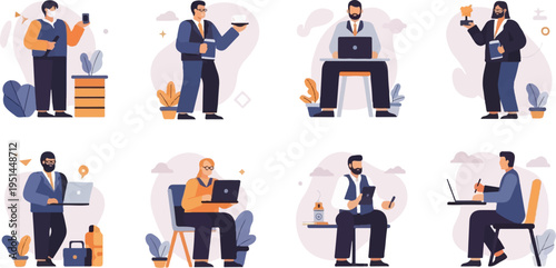 Diverse professionals engaged in various work-related activities, indoor settings