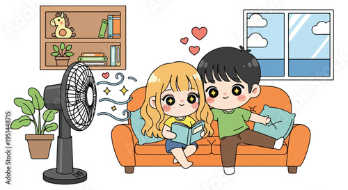 Cartoon illustration of a young couple sitting on an orange couch, reading books and relaxing together in a cozy living room with a fan and plants, conveying a warm and intimate mood.