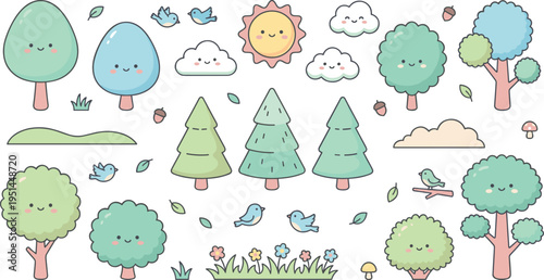 Cute Kawaii Nature Tree Icon Set with Forest Clouds Sun and Birds Characters