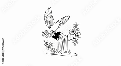 Dove flies over a waterfall from a hand, with blossoms