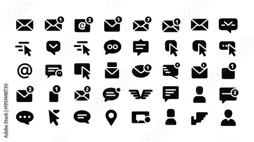 Black icons for communication email messaging on white background