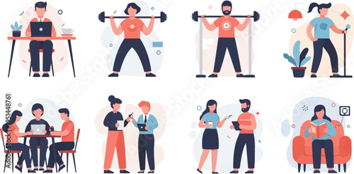 Diverse individuals engaged in work, fitness, discussion, and leisure activities