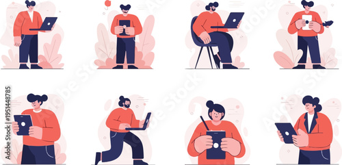 Diverse people engaged in digital tasks with laptops and tablets