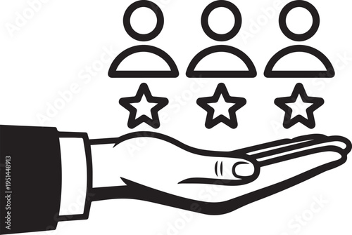 Hand holding three people icons with stars above them, representing successful team or customer service and positive feedback concept.