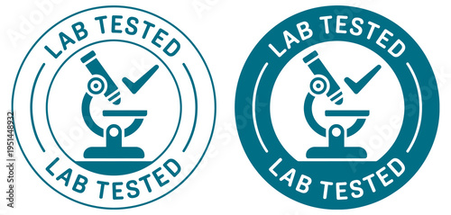 Lab Tested vector labels set, microscope checkmark icons, scientific quality assurance badges, vector verification illustration, isolated design pack