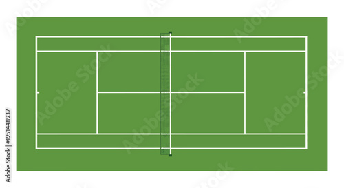 An overhead view of a green tennis court with white lines and a net creating a striking silhouette high quality professional