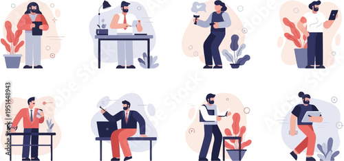 Flat illustrated characters engaged in work and leisure activities