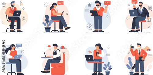 Diverse individuals working and communicating using laptops and phones