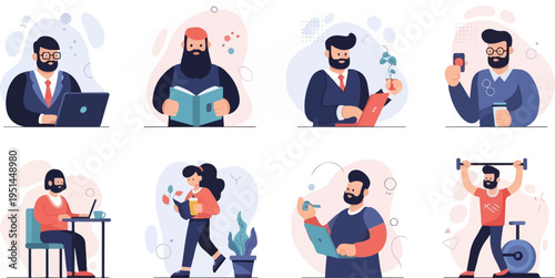 Diverse individuals engaged in work, leisure, and fitness activities