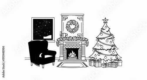 Cozy Christmas scene with a roaring fire, decorated tree, and snowy window