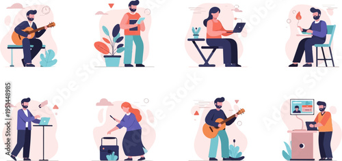 Diverse people engage in various activities playing guitar, reading, working on laptops, and interacting digitally
