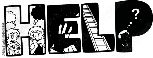 Distressed figures with thought bubbles, a ladder, and a question mark within letters