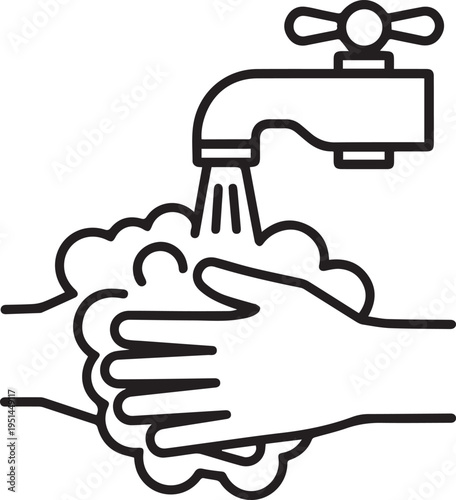 Hands washing under running water faucet with soap suds outline icon vector illustration of personal hygiene and virus prevention concept
