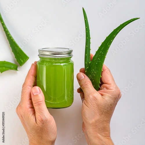 Green aloe vera juice in jar held by hands, beside aloe vera leaves on white surface