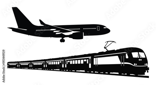 A striking depiction of an airplane flying above a train both rendered as bold dark silhouettes high quality professional detailed modern