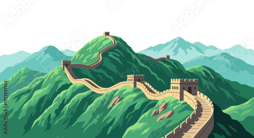 Great Wall of China winding through green mountains, ancient Chinese landmark, historical architecture