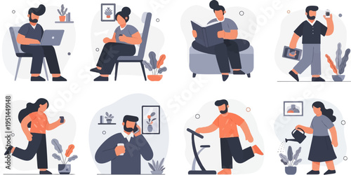 Diverse people engaged in various daily activities like working, reading, and exercising