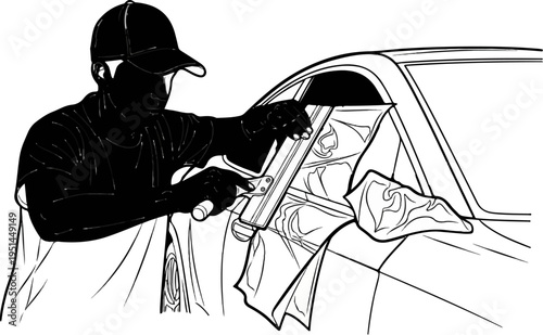 Person applying protective film to a car window with a squeegee