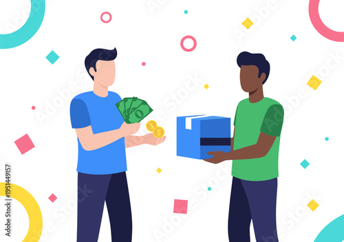 Two joyful men exchanging money and gift box in vibrant vector illustration with colorful shapes