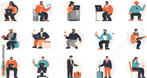 Diverse individuals engaged in various activities, many interacting with digital devices or on the go