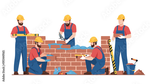 Vector illustration of five cheerful builders constructing red brick wall on sunny worksite