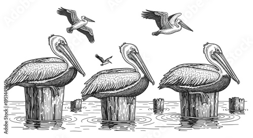 Pelicans Perched on Pilings with Flying Birds in Sketchy Artistic Style