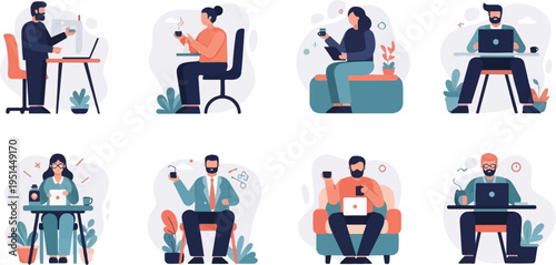 Diverse people working and enjoying drinks in stylized indoor and outdoor settings