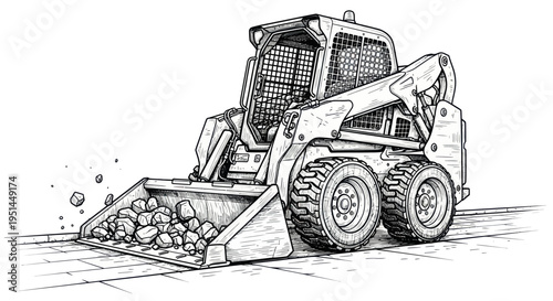 Skid Steer Loader Working, Excavating Rocks with Bucket on Paved Ground