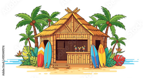 Tropical beach bar with surfboards and palm trees, summer vacation concept