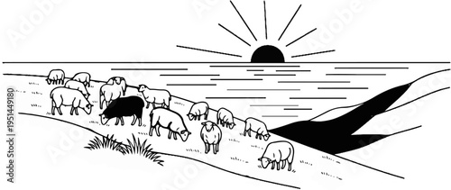 Sheep graze on a grassy hillside overlooking a calm sea at sunset