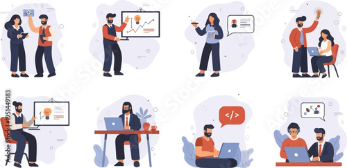 Diverse individuals collaborating on projects, sharing ideas, and working on computers