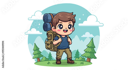 A cheerful cartoon boy with a backpack standing on a grassy hill with trees and mountains in the background, conveying a sense of adventure and exploration.