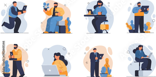 Diverse individuals engage in various work-related activities using modern technology