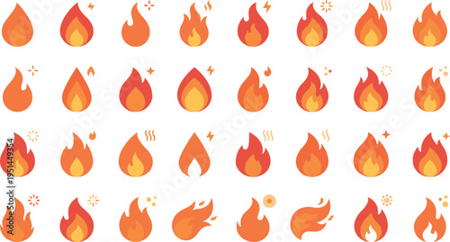 Minimal Fire Flame Icon Set with Simple Heat Energy and Burning Symbols Collection