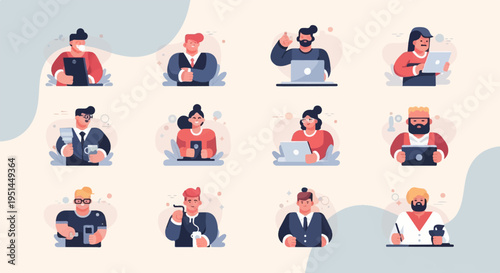 Diverse professionals in flat design, interacting with technology and drinks