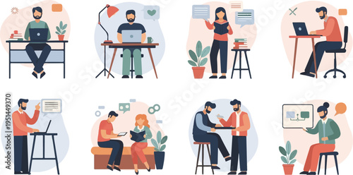 Diverse individuals engage in focused work, reading, and collaboration with technology