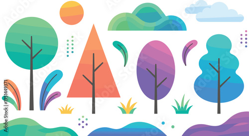Abstract Nature Landscape Tree Icon Set with Colorful Mountains Hills and Plants
