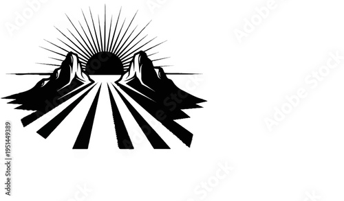 Sunrise between sharp mountains, radiating light over a road