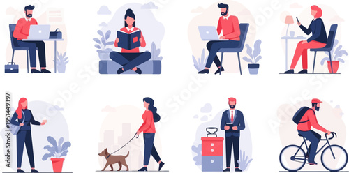 Diverse individuals engaged in various daily activities, including work, leisure, and transport