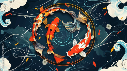 Koi fish illustration artistic depiction of elegant fish in a circular composition