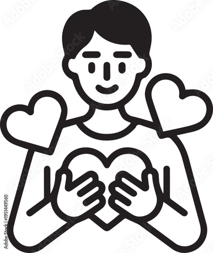 Person embracing heart symbol showing self love care compassion kindness and emotional connection in minimal design