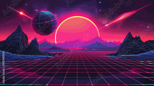 Retro futuristic landscape with sun and grid design concept vector illustration